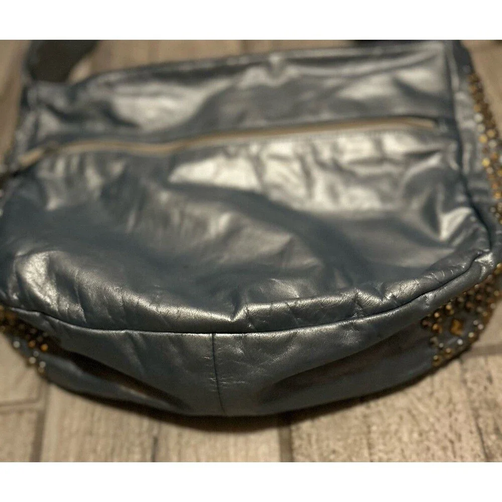 Vintage 1980’s Shiny BlueHobo Genuine Leather Shoulder Bag Metallic Gold Studded
